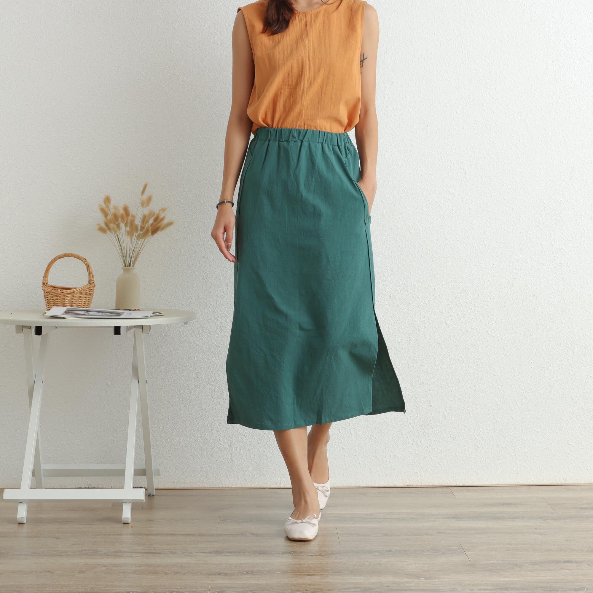 Summer Skirt Elastic Waist Skirt Cotton Skirt Casual Loose Skirts A-line Skirt Flared Midi Skirts Customized Plus Size Boho Linen Skirt