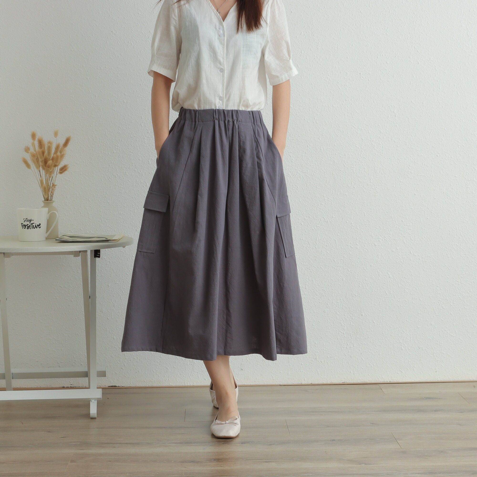 Summer Elastic Waist Skirt Cotton Skirt Casual Loose Skirts A-line Skirt Flared Midi Skirts Customized Plus Size Skirt Boho Linen Skirt