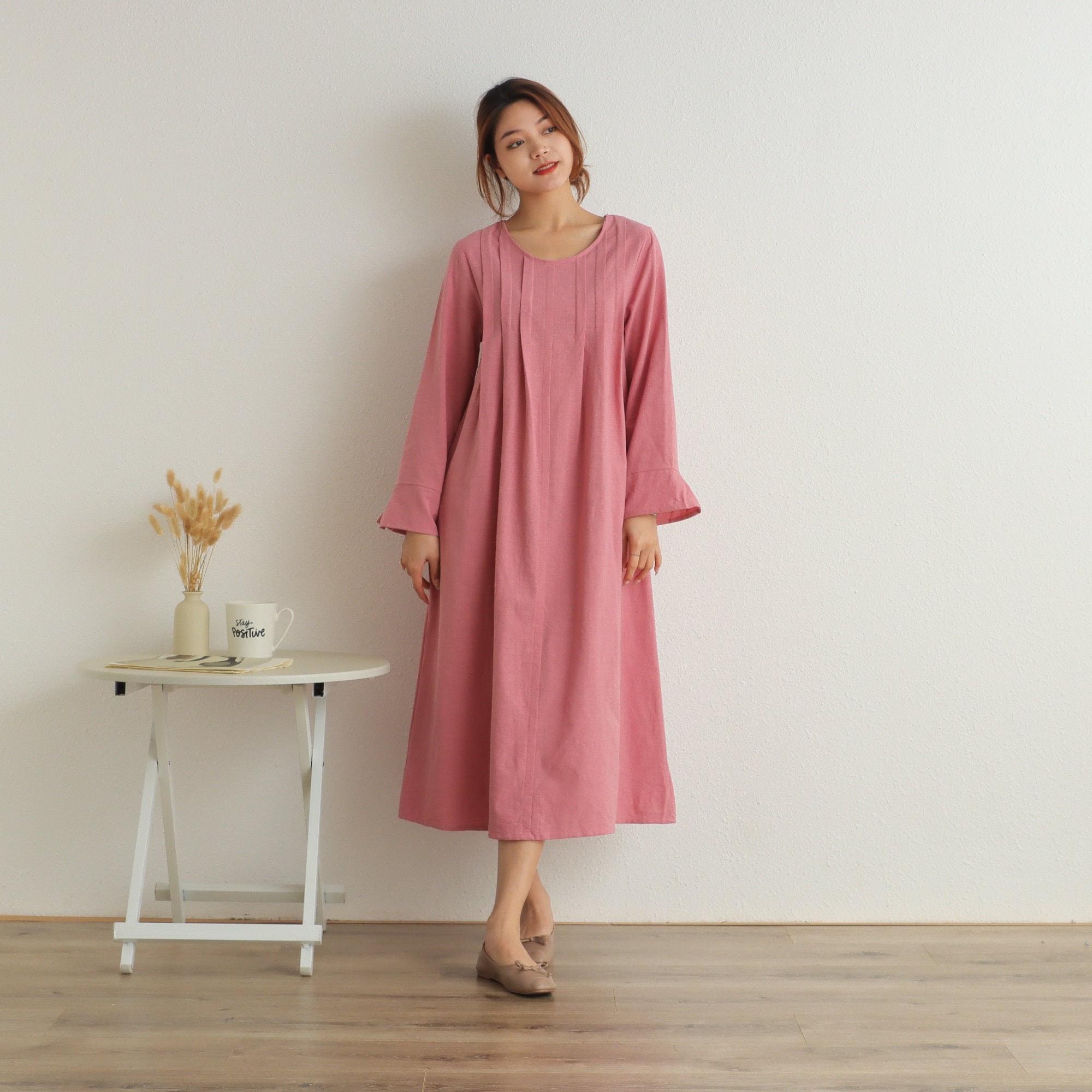 Cotton Dress Casual Loose Robes Long Sleeves Shift Dress Boho A-line Midi Retro Dresses Customized Dress Plus Size Clothing Linen Dress