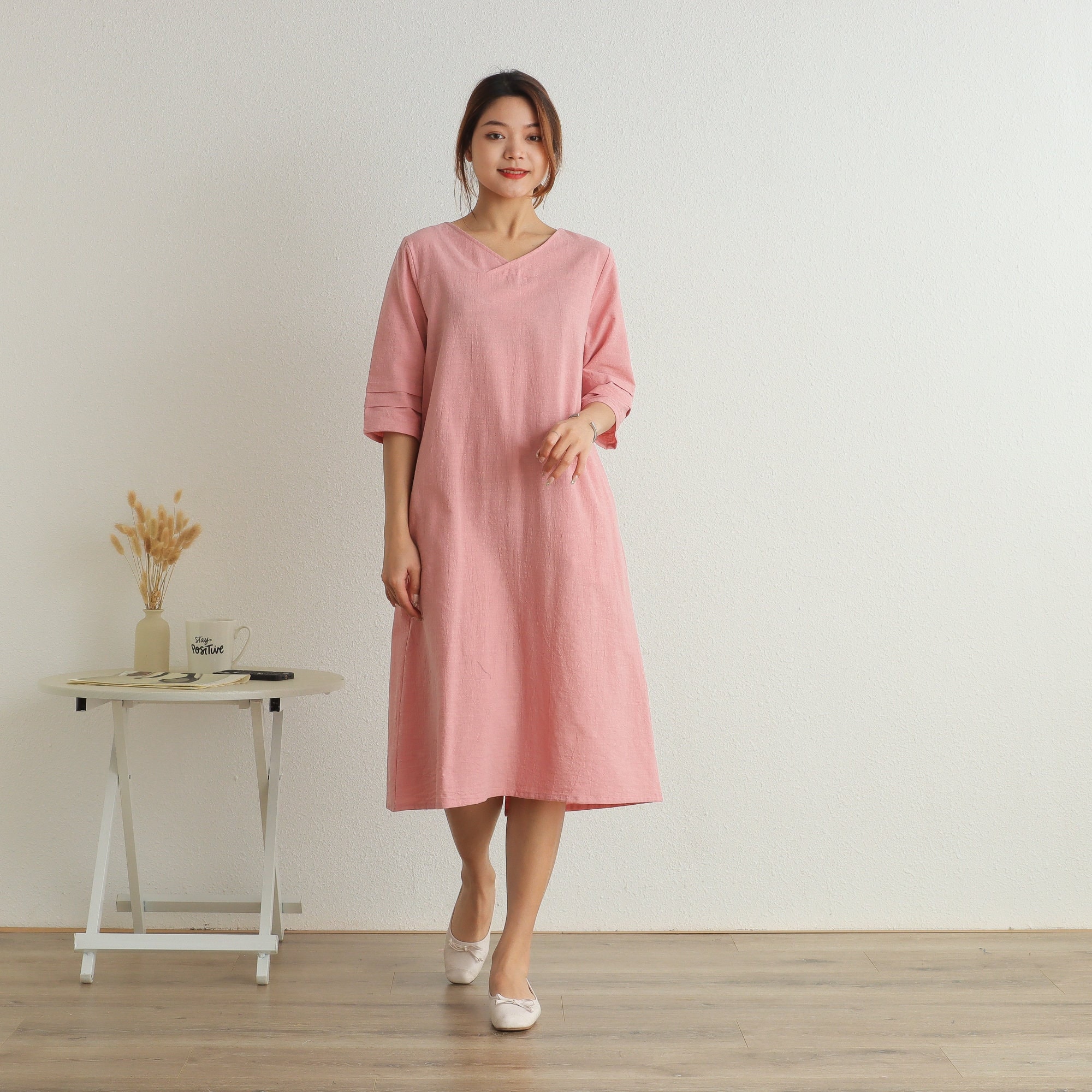 Women Cotton 3/4 Sleeves Dress Soft Casual Loose Dress Tunics Cotton Robes Midi Dresses Customized Dress Plus Size Clothing Linen Dress