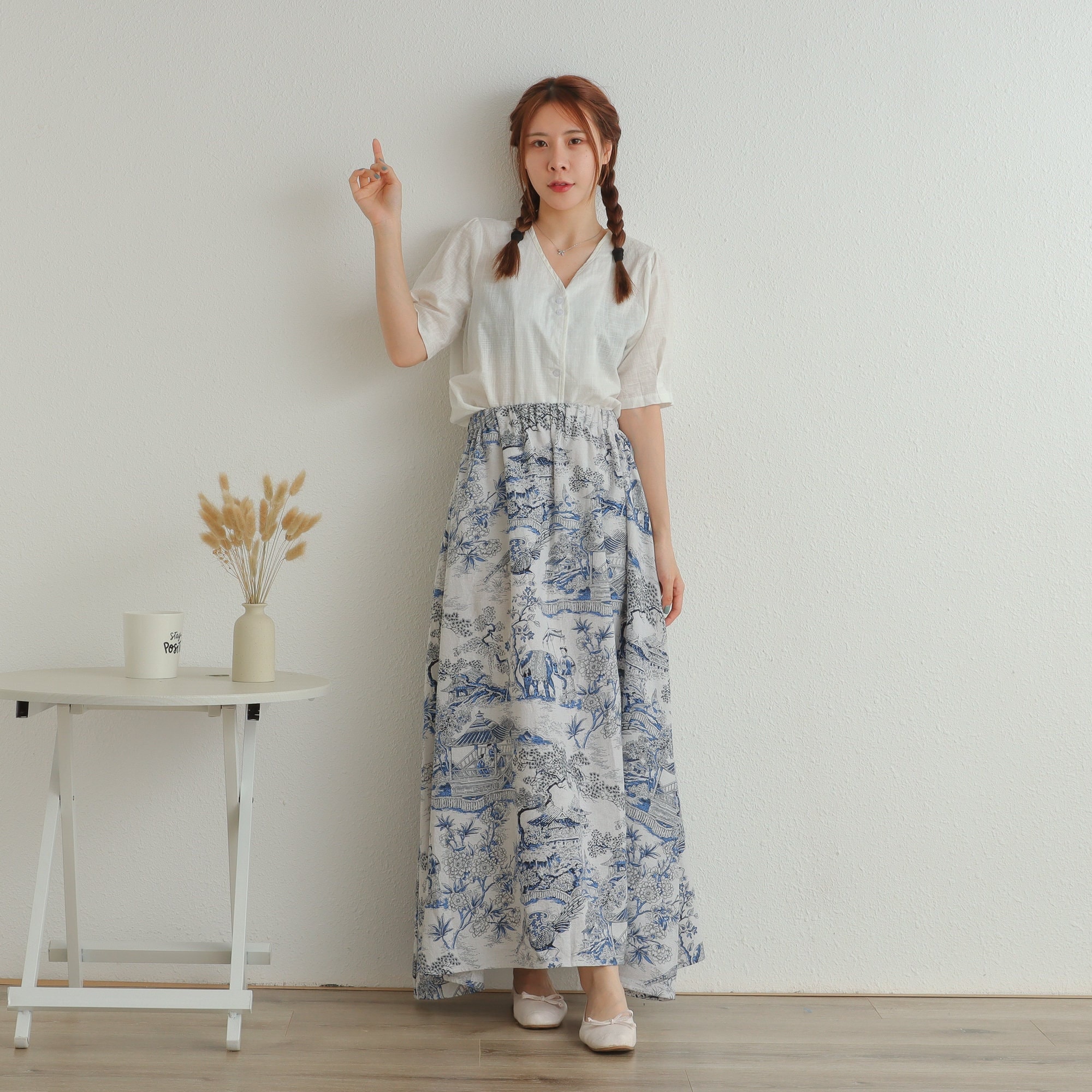 Summer Printed Maxi Skirt Elastic Waist Cotton Skirt Casual Loose Skirts A-line Flared Skirts Customized Plus Size Skirt Boho Linen Skirt