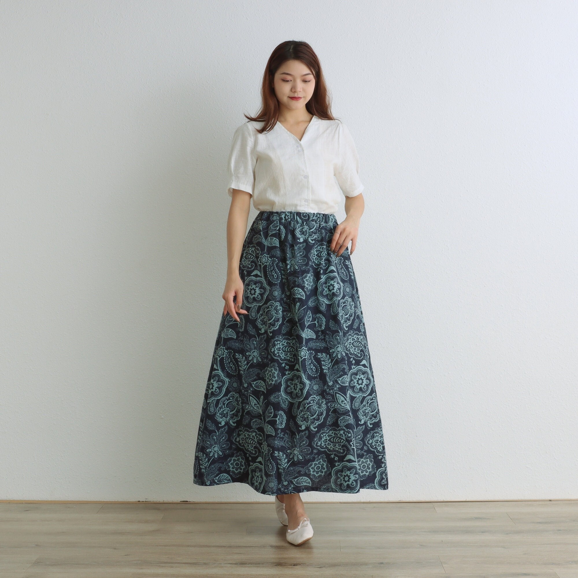 Floral Soft Skirt Cotton Summer Skirt Elastic Waist Skirt Casual Loose Skirts A-line Skirt Maxi Skirts Customized Plus Size Boho Linen Skirt