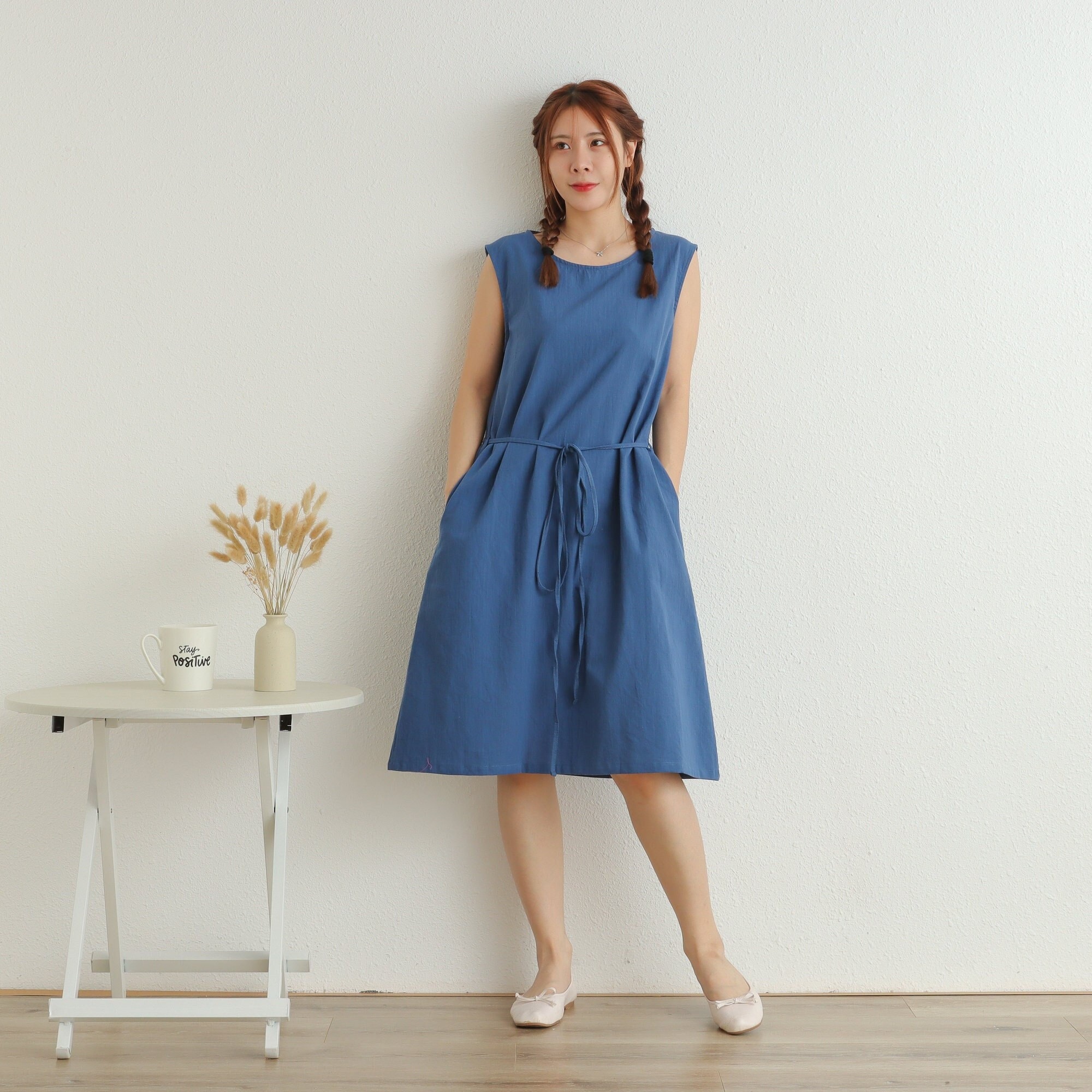 Summer Sleeveless Dress Cotton Sundress Casual Loose Dress Tunics Cotton Knee Dresses Customized Dress Plus Size Clothing Linen Dress Dress