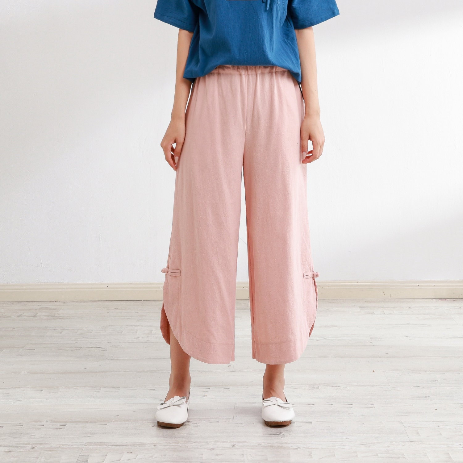 Women Pant Elastic Waist Cotton Cropped Pants Soft Casual Loose Large Size Boho Trousers Wide Leg Pant Customize Plus Size Pants Linen Pant