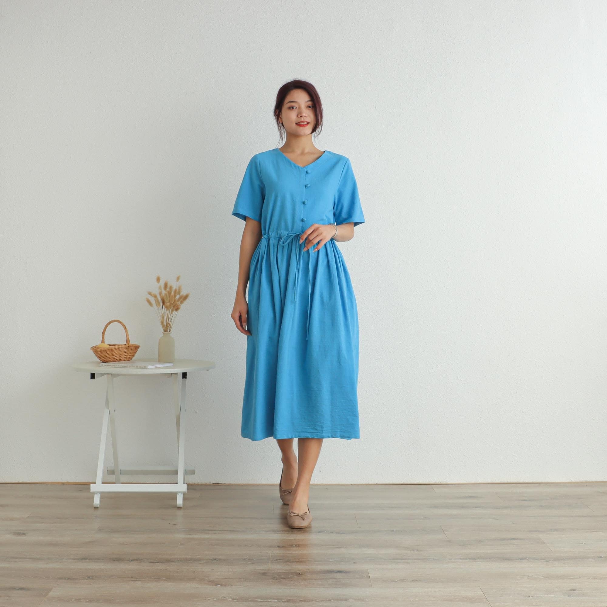 Summer dress Short Sleeves Dress Soft Casual Loose Dress Tunics Cotton Robes Midi Dresses Customize Dress Plus Size Clothes Linen dress