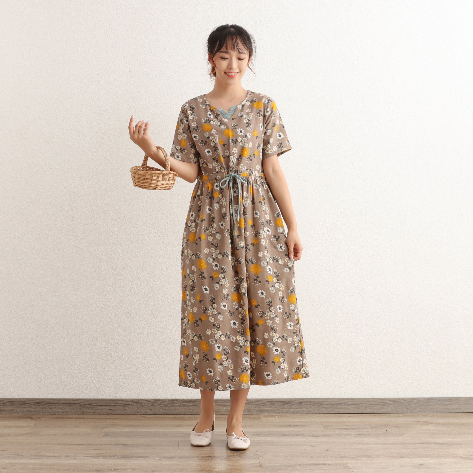 Summer Short Sleeves Dress Shirt Casual Loose Dress Tunics Cotton Robes Knee Dresses Customized Dress Plus Size Clothing Linen Dress Dress