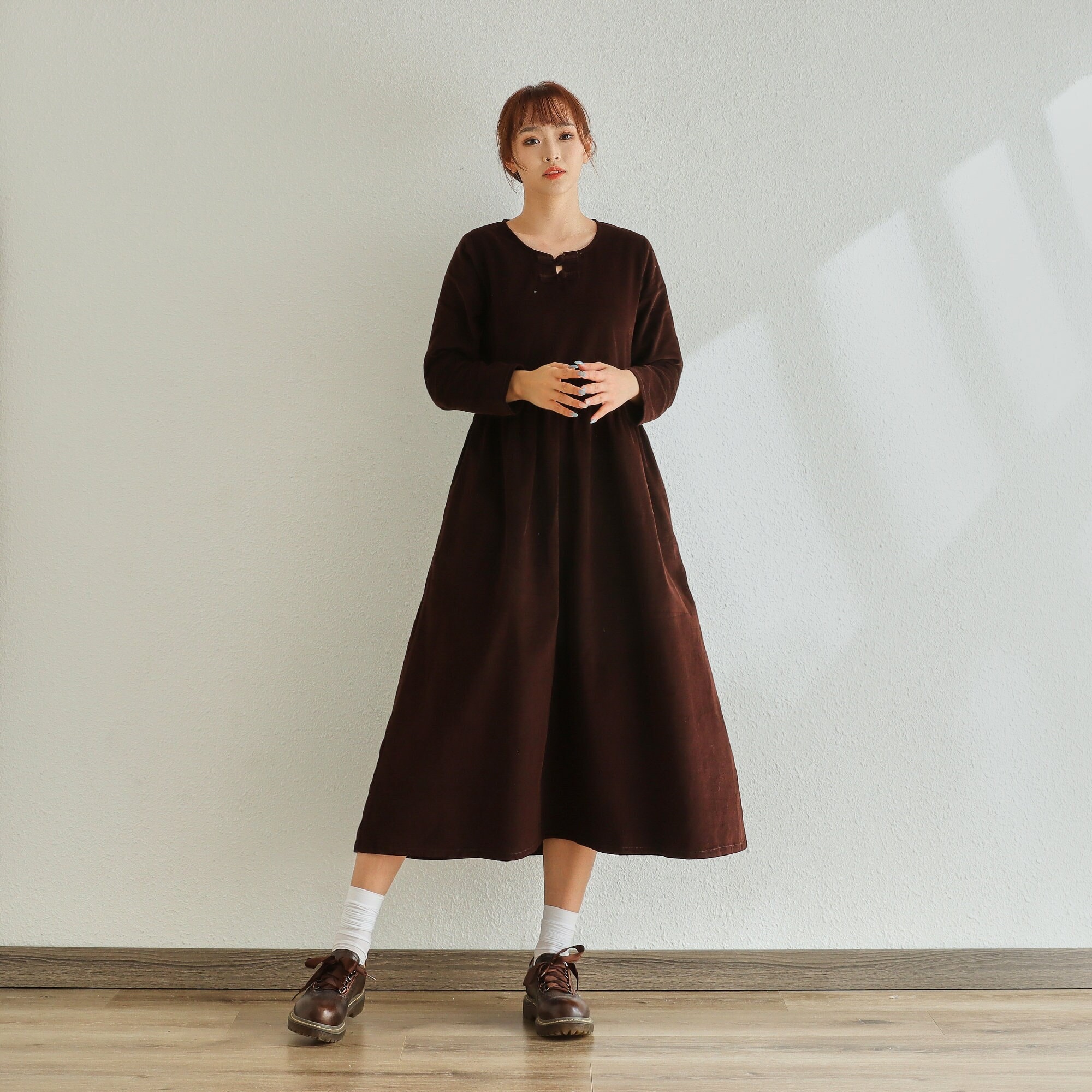 Winter/Fall Dress Cotton Corduroy Dress Long Sleeves Tunics Dress Loose Warm Dress Customized Midi Dress Hand Made Plus Size Corduroy Robe